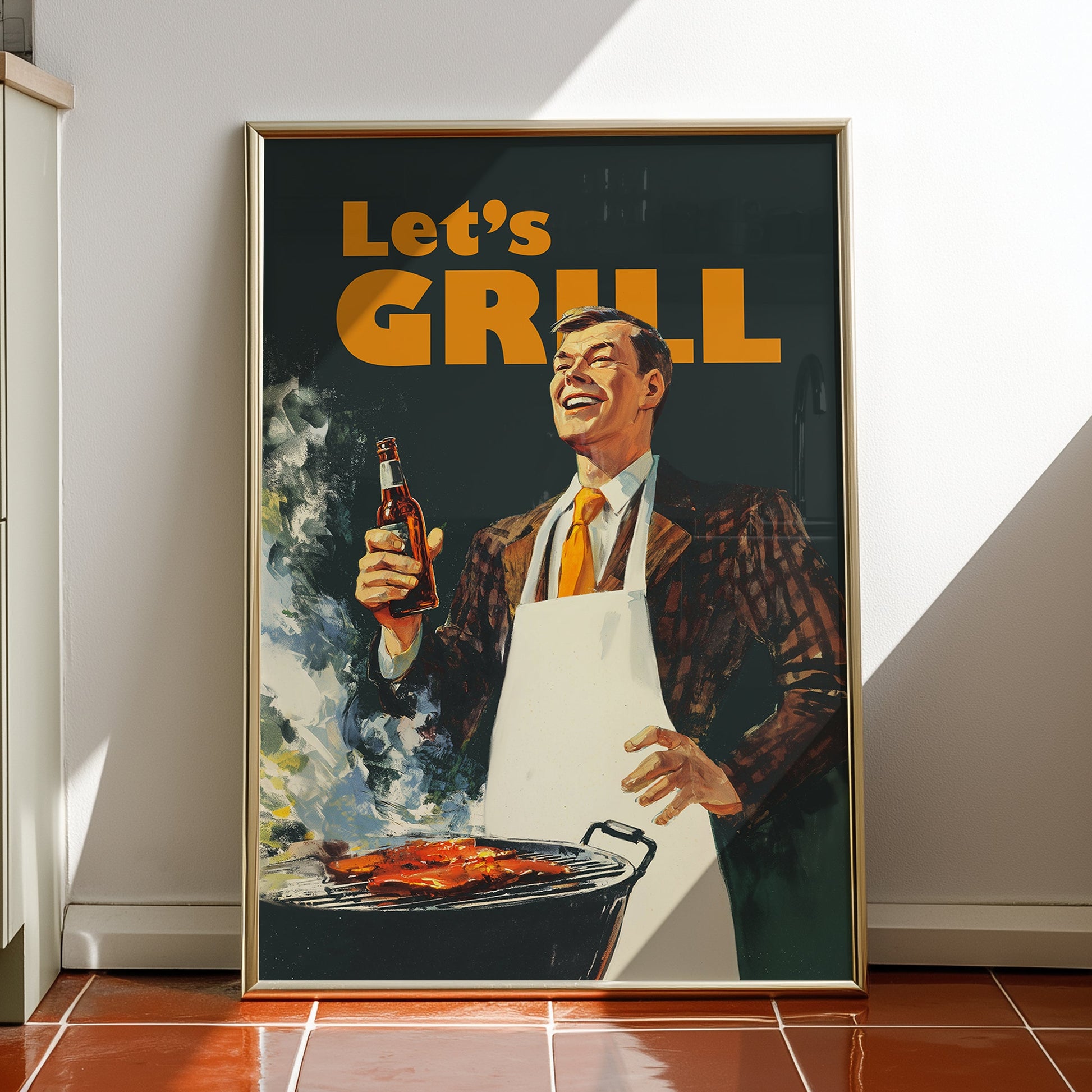 Retro BBQ wall art for man cave or kitchen. Mid-century Americana print featuring a man at a grill, perfect for grill master home decor.