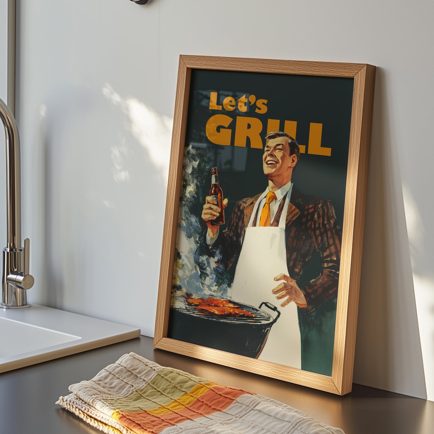 Retro BBQ wall art for man cave or kitchen. Mid-century Americana print featuring a man at a grill, perfect for grill master home decor.
