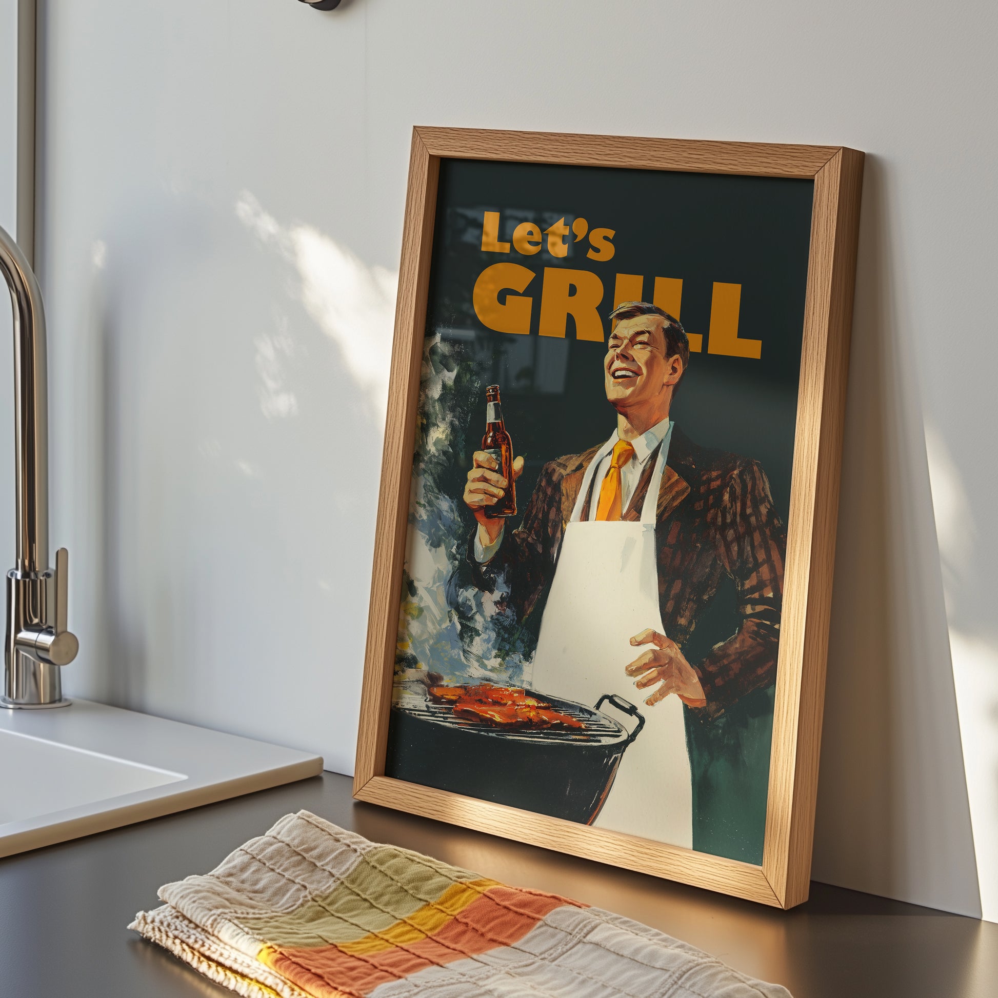 Retro BBQ wall art for man cave or kitchen. Mid-century Americana print featuring a man at a grill, perfect for grill master home decor.