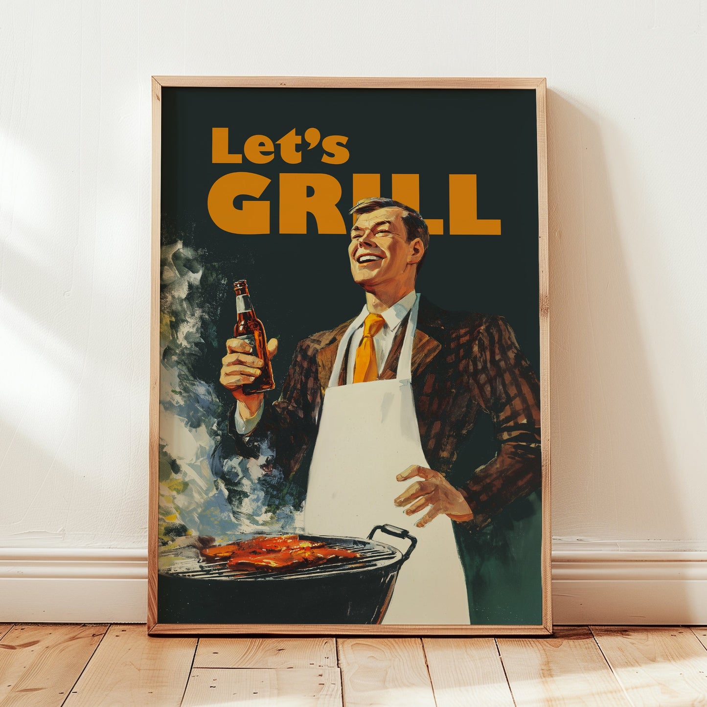 Retro BBQ wall art for man cave or kitchen. Mid-century Americana print featuring a man at a grill, perfect for grill master home decor.