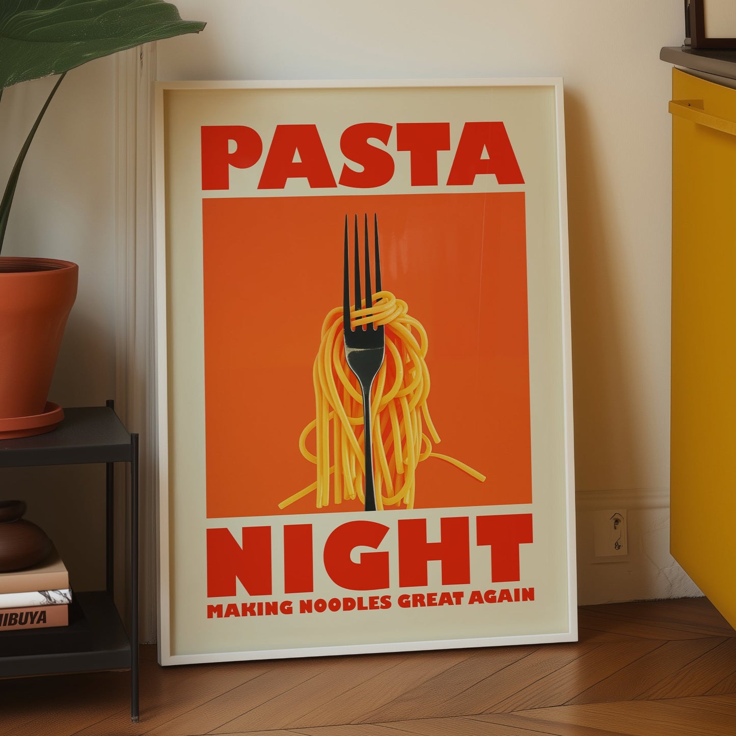 Retro-style kitchen poster with a fork twirling spaghetti on an orange background, featuring the text "Pasta Night" and "Making Noodles Great Again" in bold red letters.
