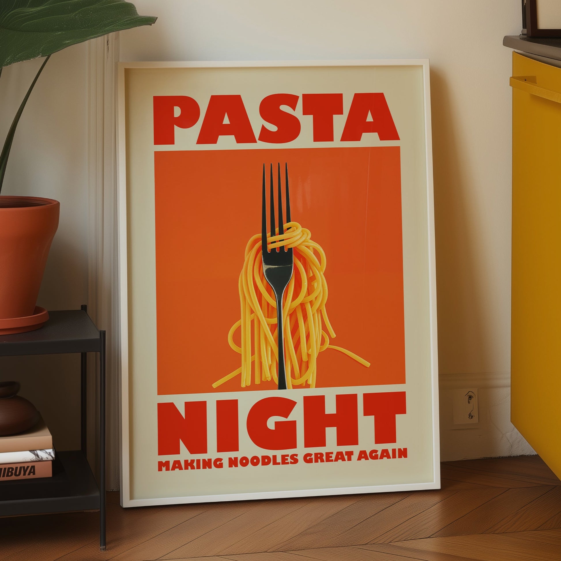 Retro-style kitchen poster with a fork twirling spaghetti on an orange background, featuring the text "Pasta Night" and "Making Noodles Great Again" in bold red letters.
