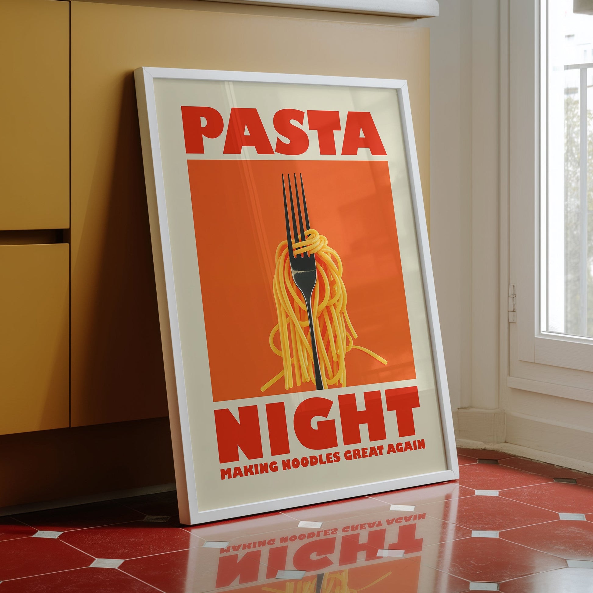 Retro-style kitchen poster with a fork twirling spaghetti on an orange background, featuring the text "Pasta Night" and "Making Noodles Great Again" in bold red letters.
