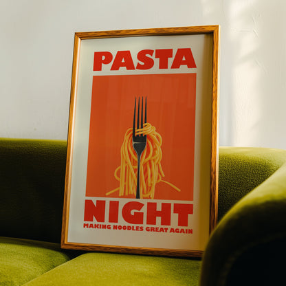 Retro-style kitchen poster with a fork twirling spaghetti on an orange background, featuring the text "Pasta Night" and "Making Noodles Great Again" in bold red letters.
