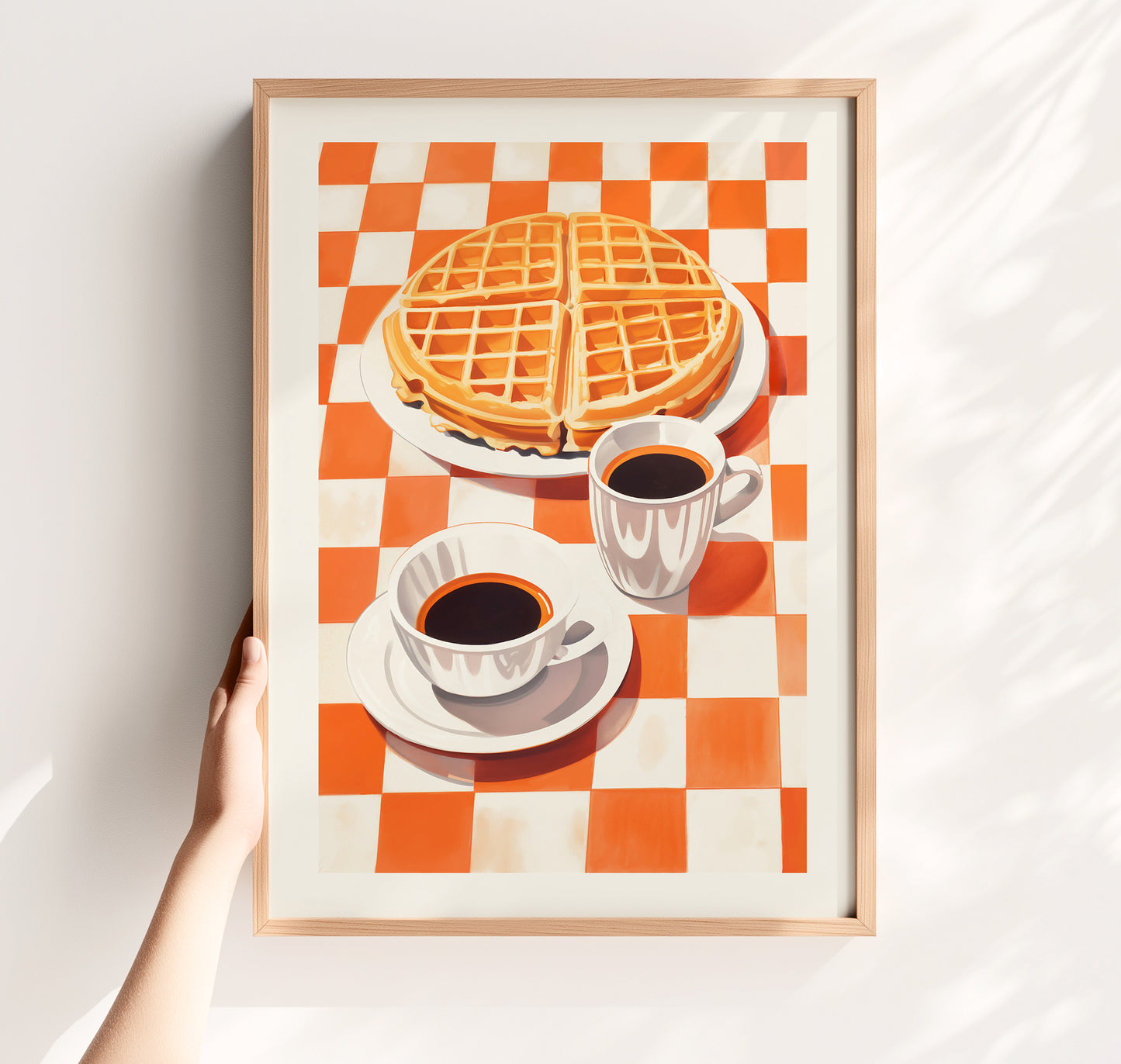 A vibrant retro-style illustration of a large golden waffle on a white plate next to two cups of black coffee. The scene is set on a bright orange and white checkered tablecloth, creating a warm, nostalgic diner aesthetic.