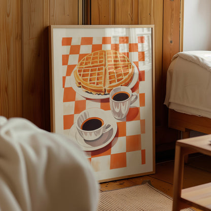 A vibrant retro-style illustration of a large golden waffle on a white plate next to two cups of black coffee. The scene is set on a bright orange and white checkered tablecloth, creating a warm, nostalgic diner aesthetic.