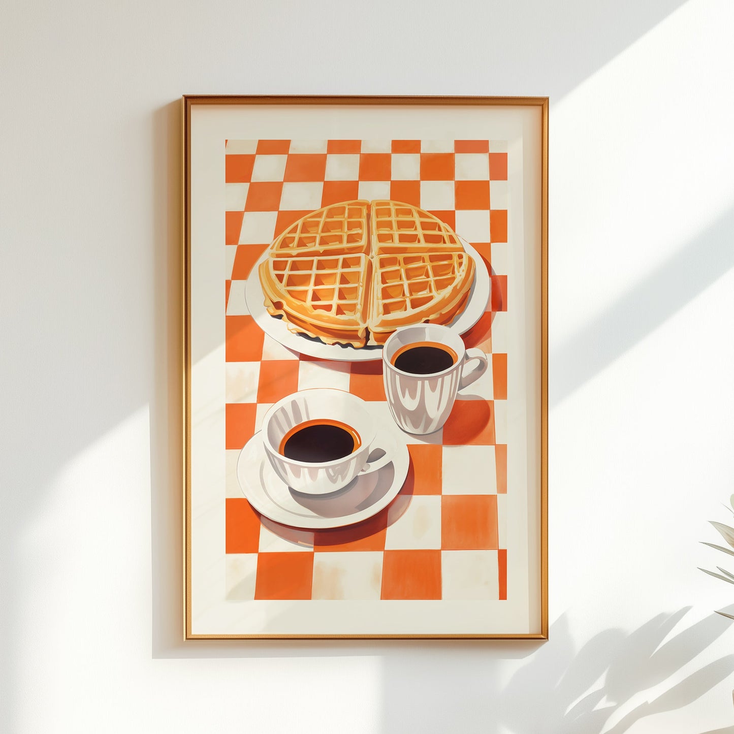 A vibrant retro-style illustration of a large golden waffle on a white plate next to two cups of black coffee. The scene is set on a bright orange and white checkered tablecloth, creating a warm, nostalgic diner aesthetic.