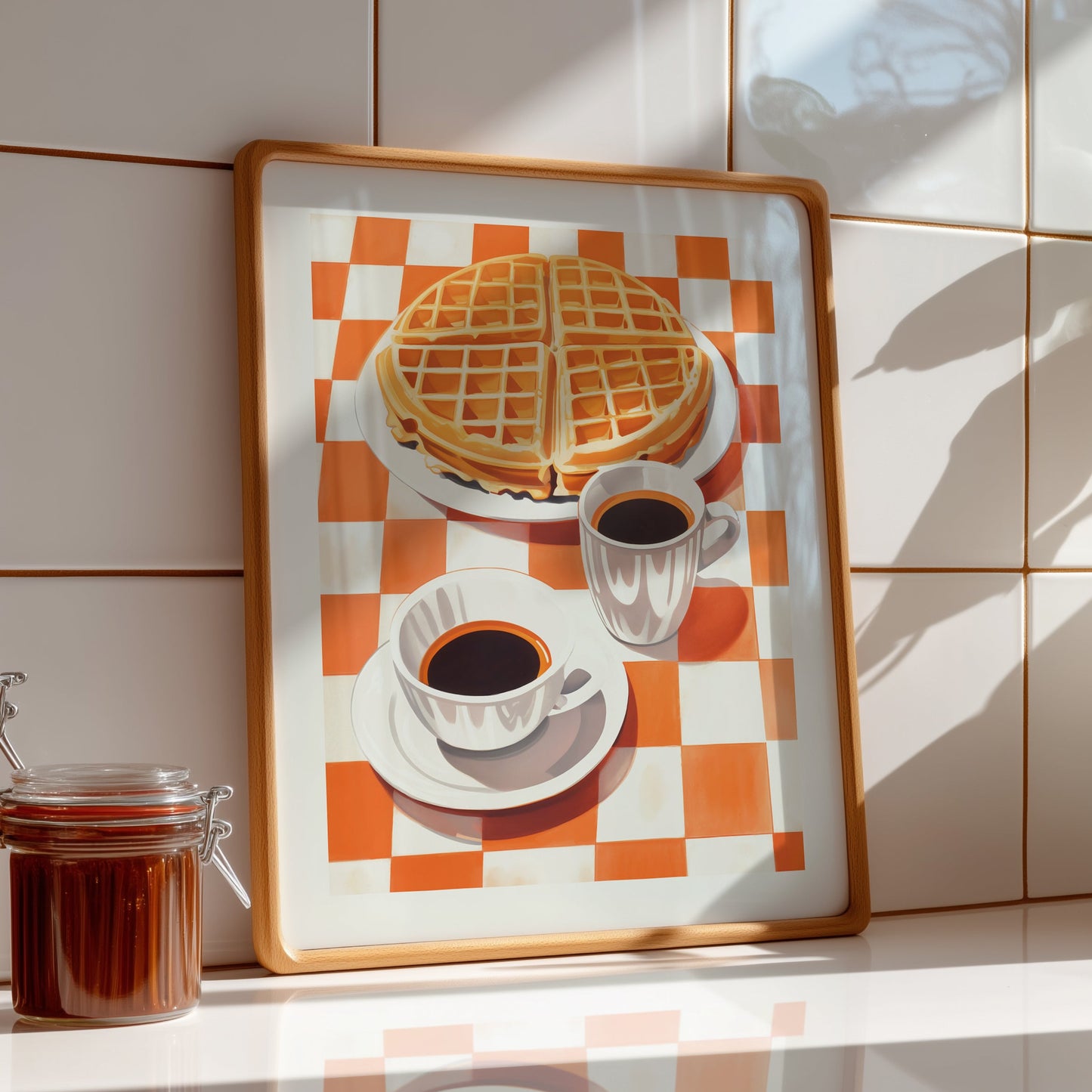 A vibrant retro-style illustration of a large golden waffle on a white plate next to two cups of black coffee. The scene is set on a bright orange and white checkered tablecloth, creating a warm, nostalgic diner aesthetic.