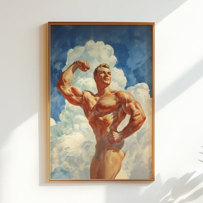 Vintage-style matte bodybuilding poster of a muscular man in a classic double bicep pose against a bright blue sky with white clouds, ideal for home gym wall decor and fitness motivation.