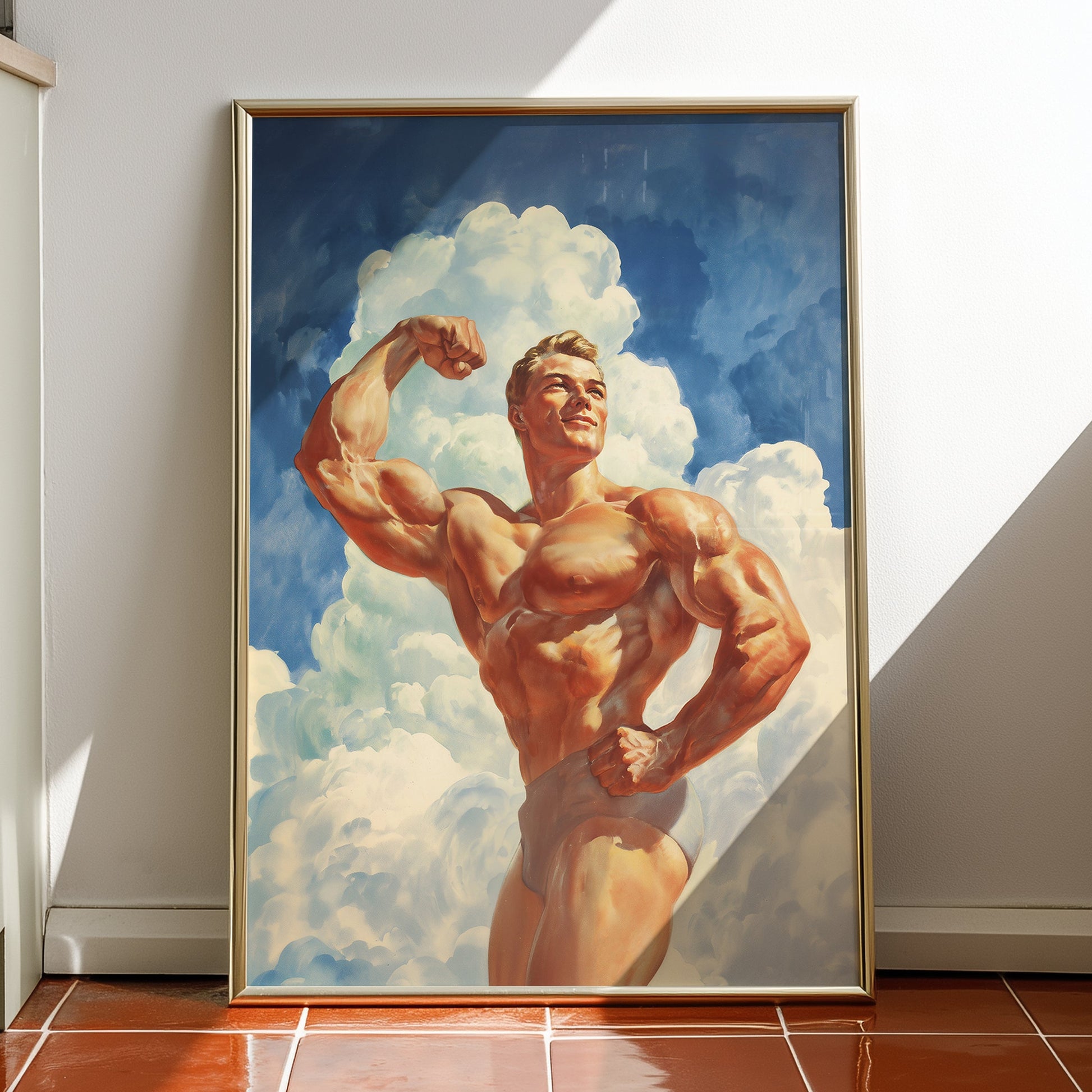 Vintage-style matte bodybuilding poster of a muscular man in a classic double bicep pose against a bright blue sky with white clouds, ideal for home gym wall decor and fitness motivation.