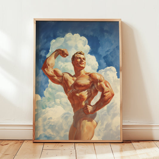 Vintage-style matte bodybuilding poster of a muscular man in a classic double bicep pose against a bright blue sky with white clouds, ideal for home gym wall decor and fitness motivation.