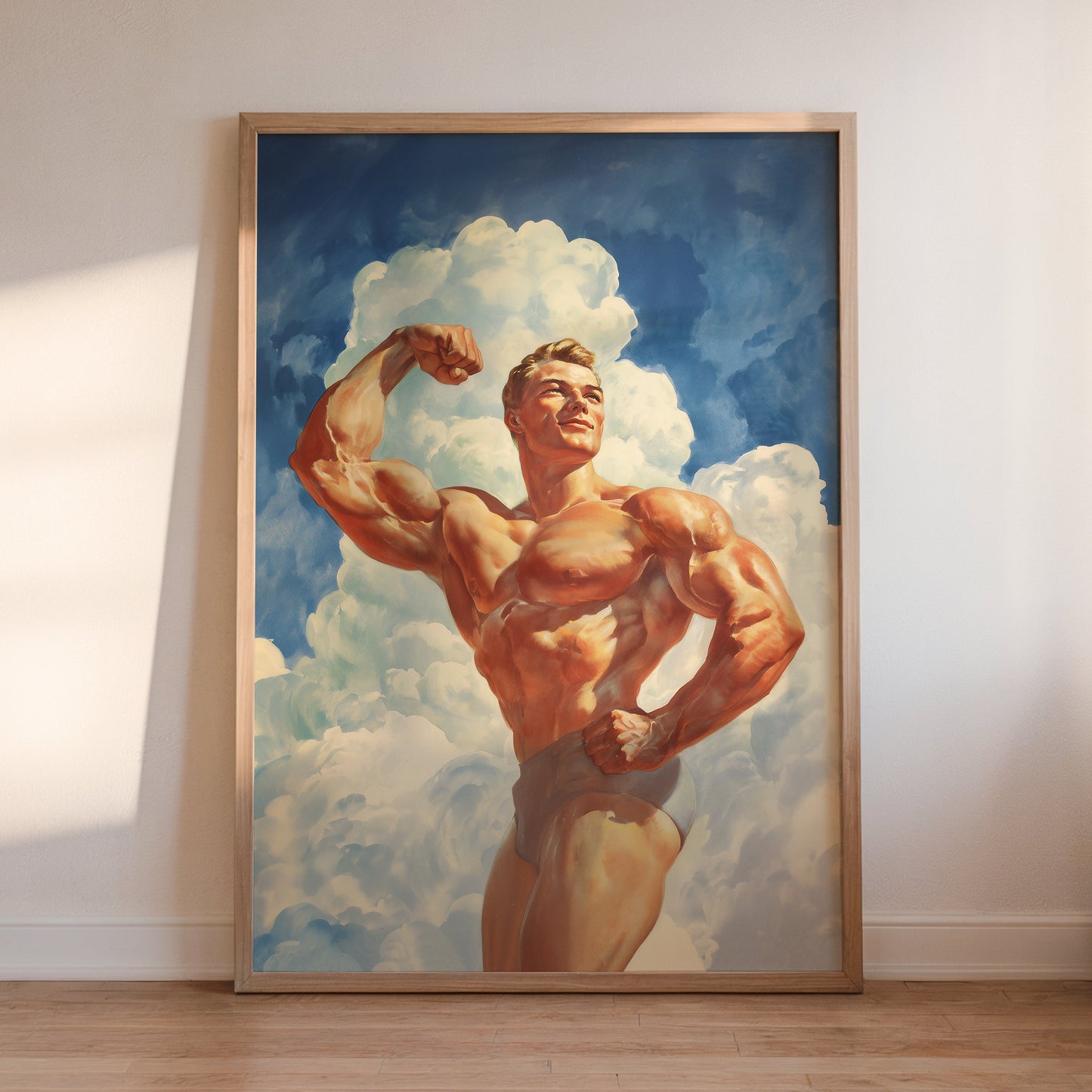Vintage-style matte bodybuilding poster of a muscular man in a classic double bicep pose against a bright blue sky with white clouds, ideal for home gym wall decor and fitness motivation.