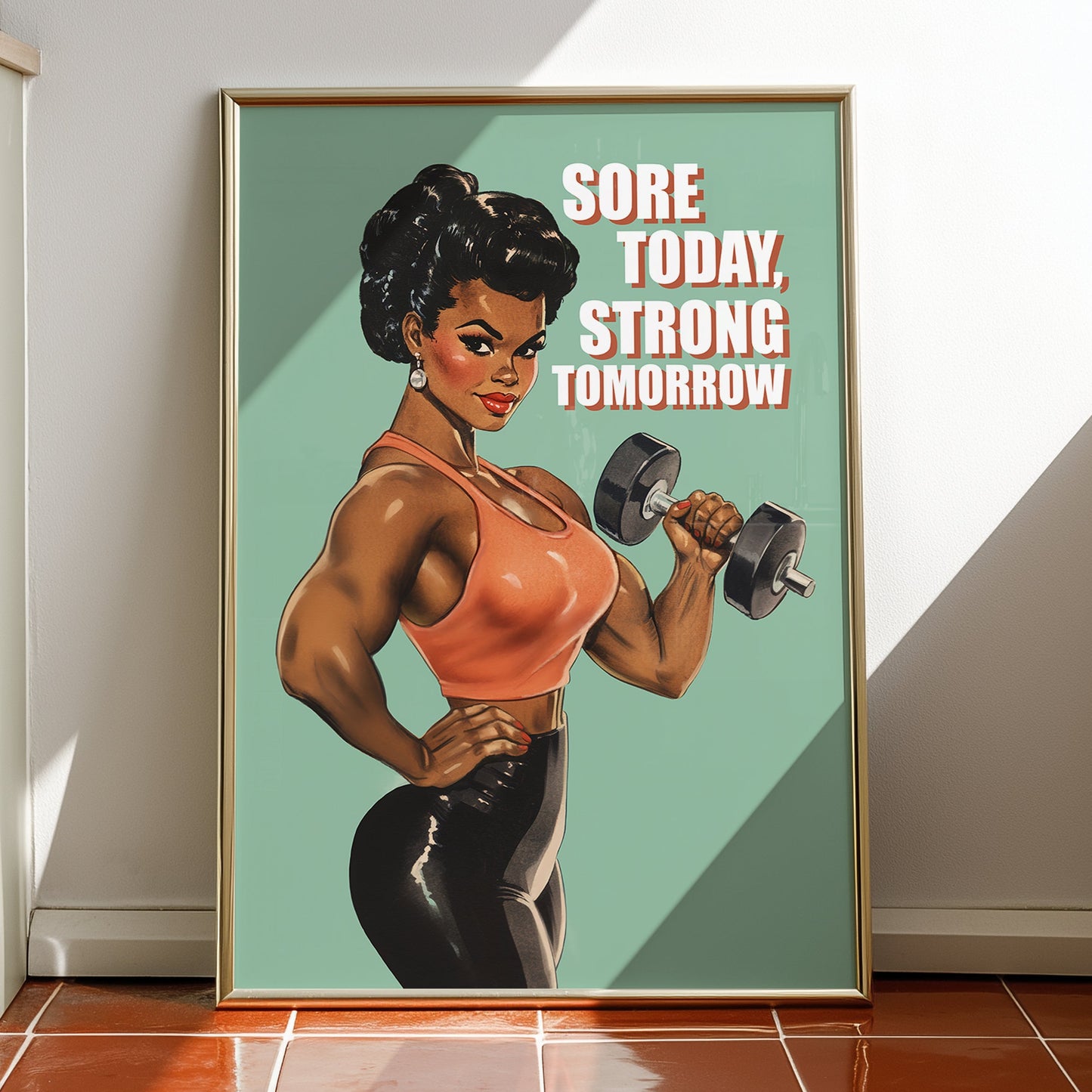 Motivational gym poster featuring a muscular Black woman in a pin-up style holding a dumbbell with the quote "Sore Today, Strong Tomorrow" on a green background.