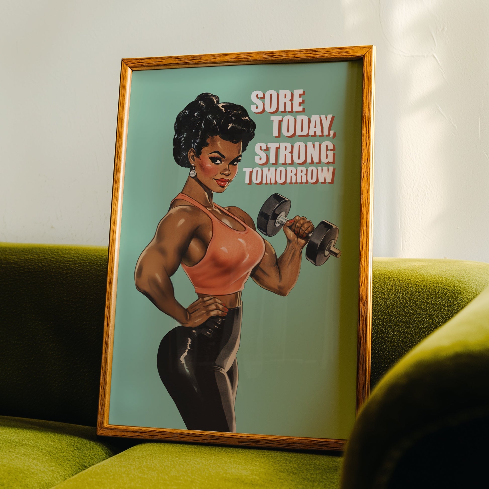Motivational gym poster featuring a muscular Black woman in a pin-up style holding a dumbbell with the quote "Sore Today, Strong Tomorrow" on a green background.