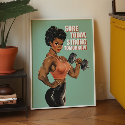Motivational gym poster featuring a muscular Black woman in a pin-up style holding a dumbbell with the quote "Sore Today, Strong Tomorrow" on a green background.