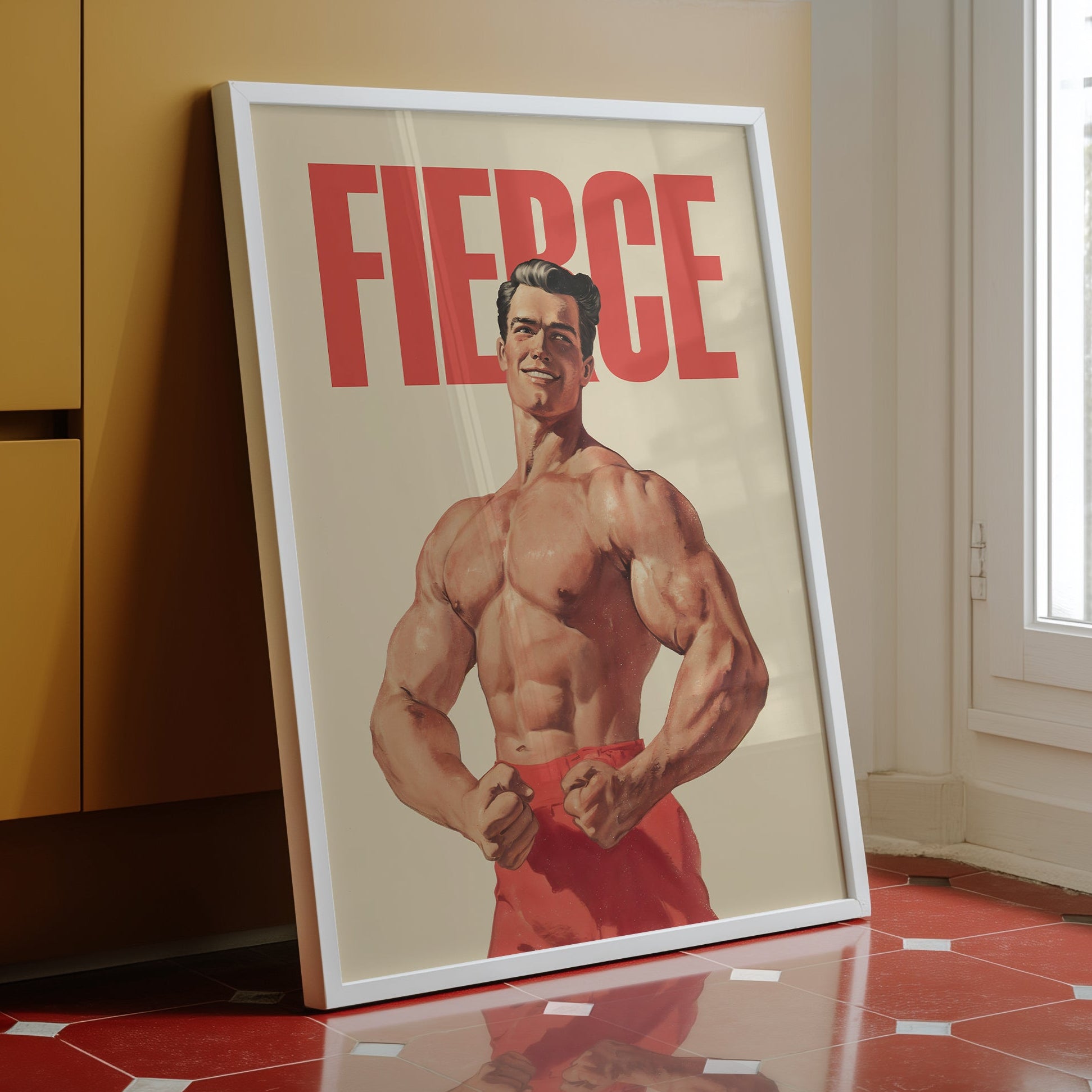 Vintage-style bodybuilding poster with the word "FIERCE" in bold red text above a muscular man in a classic posing stance, retro propaganda gym wall art.