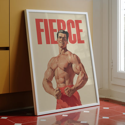 Vintage-style bodybuilding poster with the word "FIERCE" in bold red text above a muscular man in a classic posing stance, retro propaganda gym wall art.