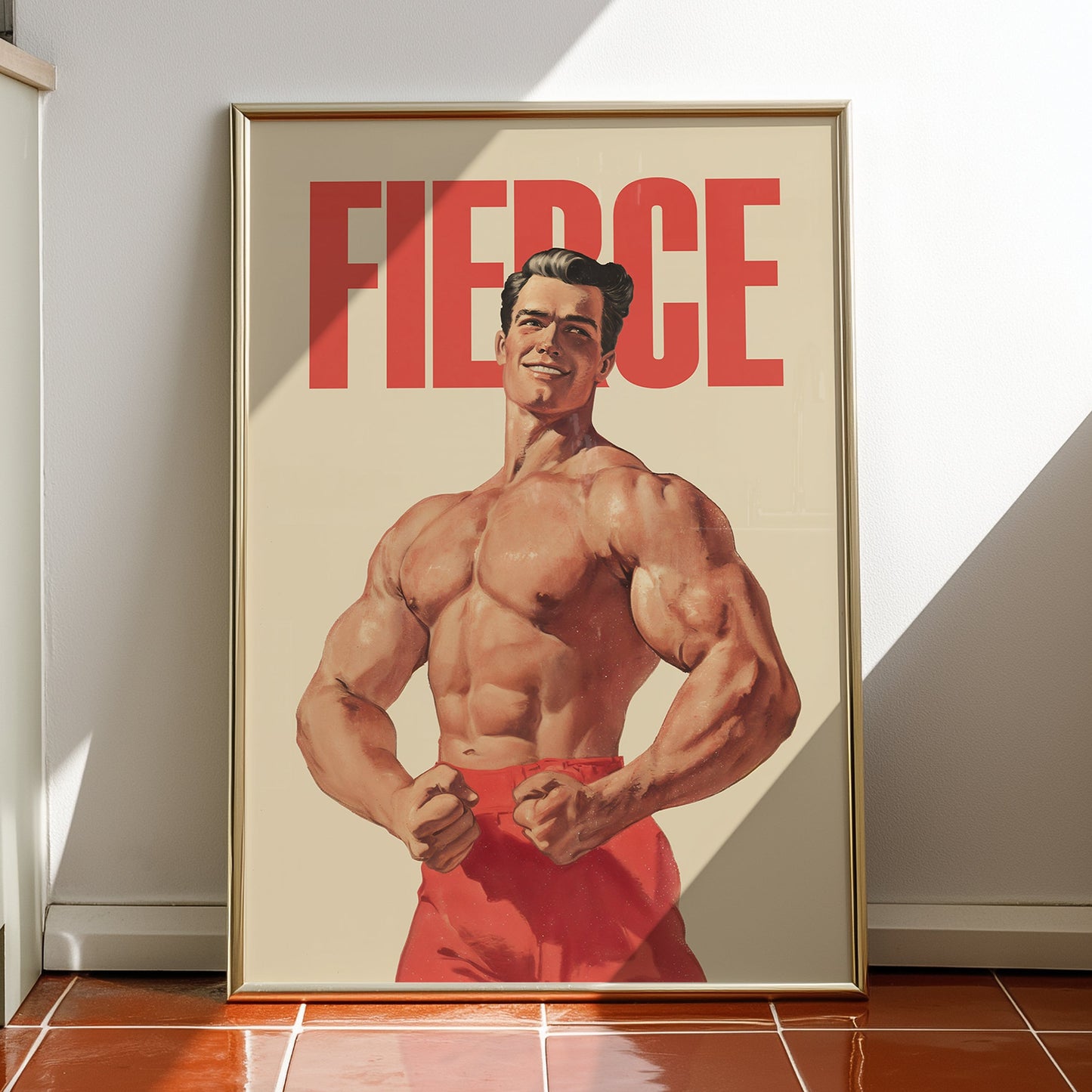 Vintage-style bodybuilding poster with the word "FIERCE" in bold red text above a muscular man in a classic posing stance, retro propaganda gym wall art.