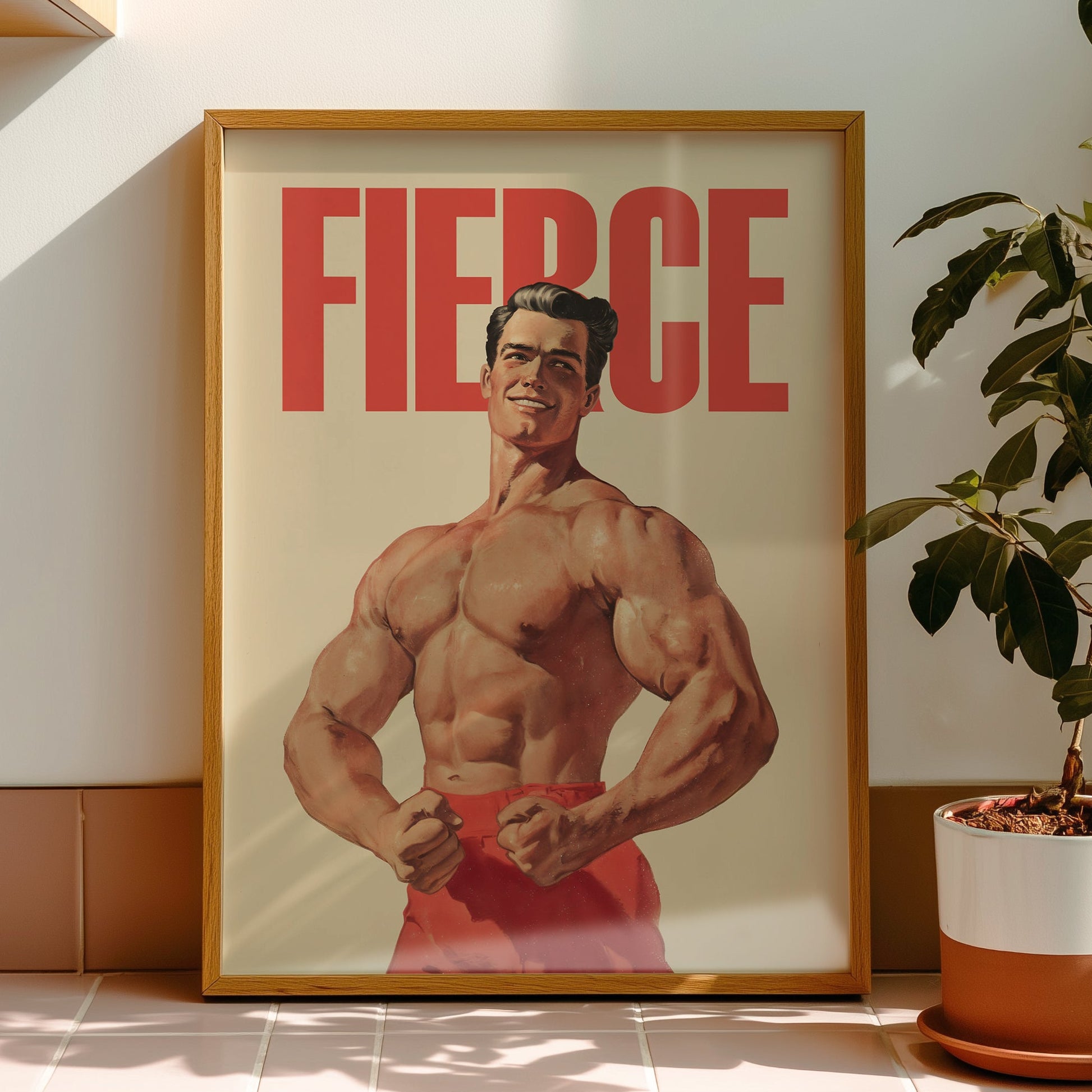 Vintage-style bodybuilding poster with the word "FIERCE" in bold red text above a muscular man in a classic posing stance, retro propaganda gym wall art.