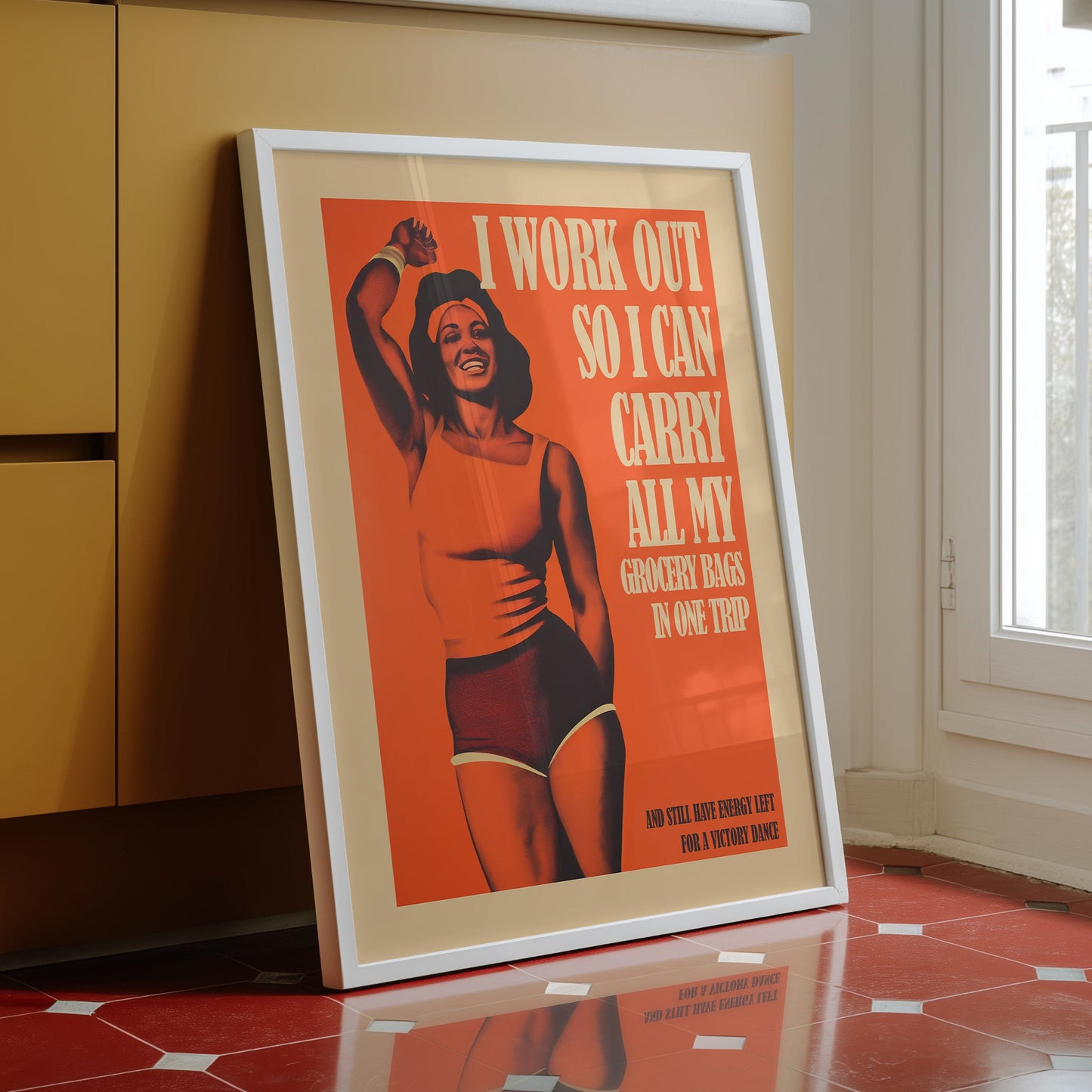 Funny vintage-style gym poster featuring a smiling Black woman in athletic wear with the text "I work out so I can carry all my grocery bags in one trip and still have energy left for a victory dance."
