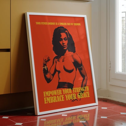 Motivational gym poster with a bold red background featuring a muscular Black woman and the quotes "Empower Your Strength Embrace Your Grace" and "Your fitness journey is a timeless tale of triumph."
