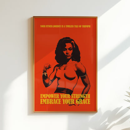 Motivational gym poster with a bold red background featuring a muscular Black woman and the quotes "Empower Your Strength Embrace Your Grace" and "Your fitness journey is a timeless tale of triumph."

