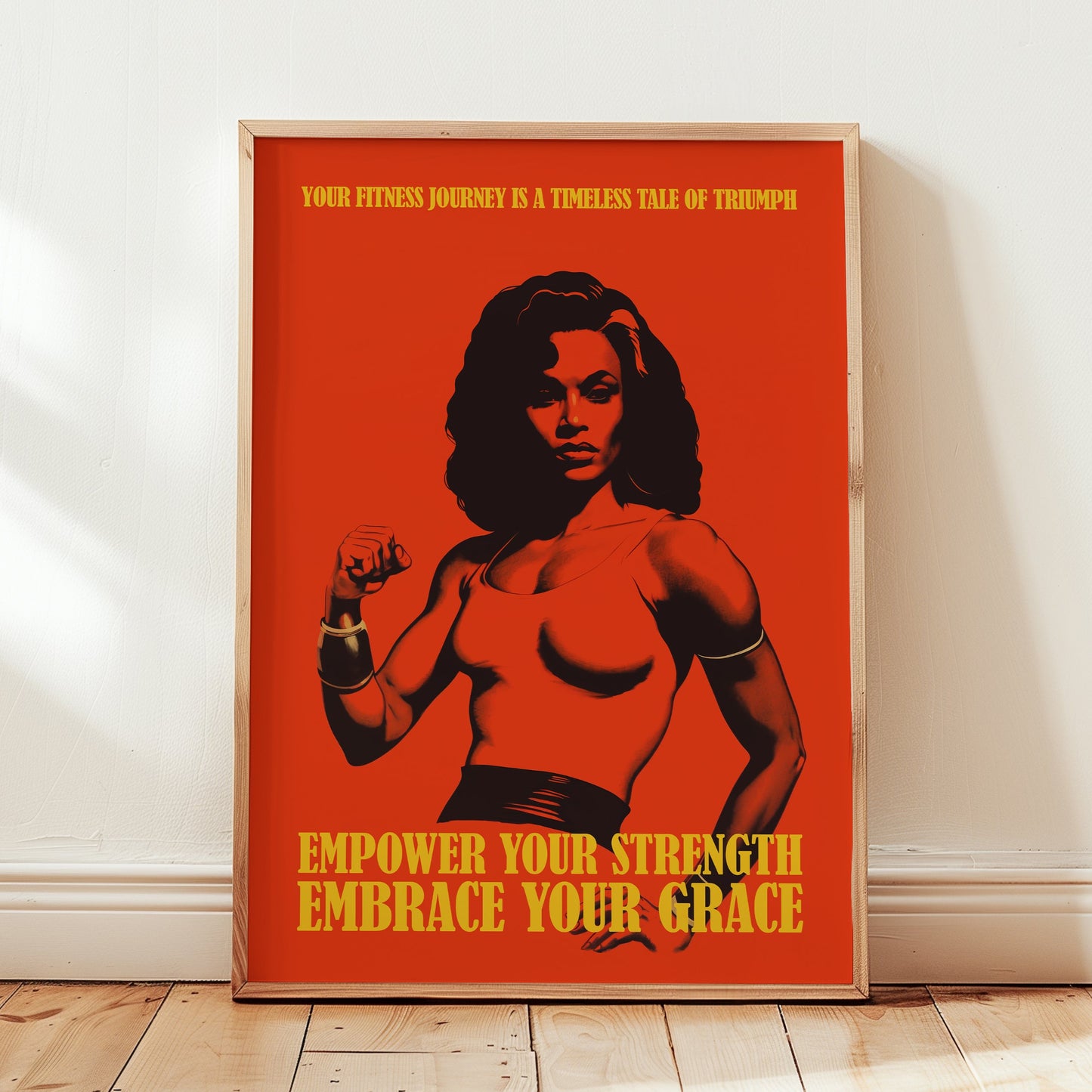 Motivational gym poster with a bold red background featuring a muscular Black woman and the quotes "Empower Your Strength Embrace Your Grace" and "Your fitness journey is a timeless tale of triumph."
