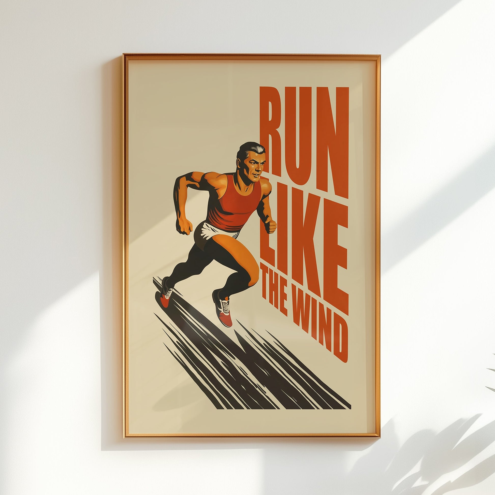 Retro 'Run Like the Wind' motivational poster featuring a male runner in a red tank top, mid-century modern style sports wall art for home gym decor, high-quality matte finish.