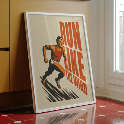 Retro 'Run Like the Wind' motivational poster featuring a male runner in a red tank top, mid-century modern style sports wall art for home gym decor, high-quality matte finish.