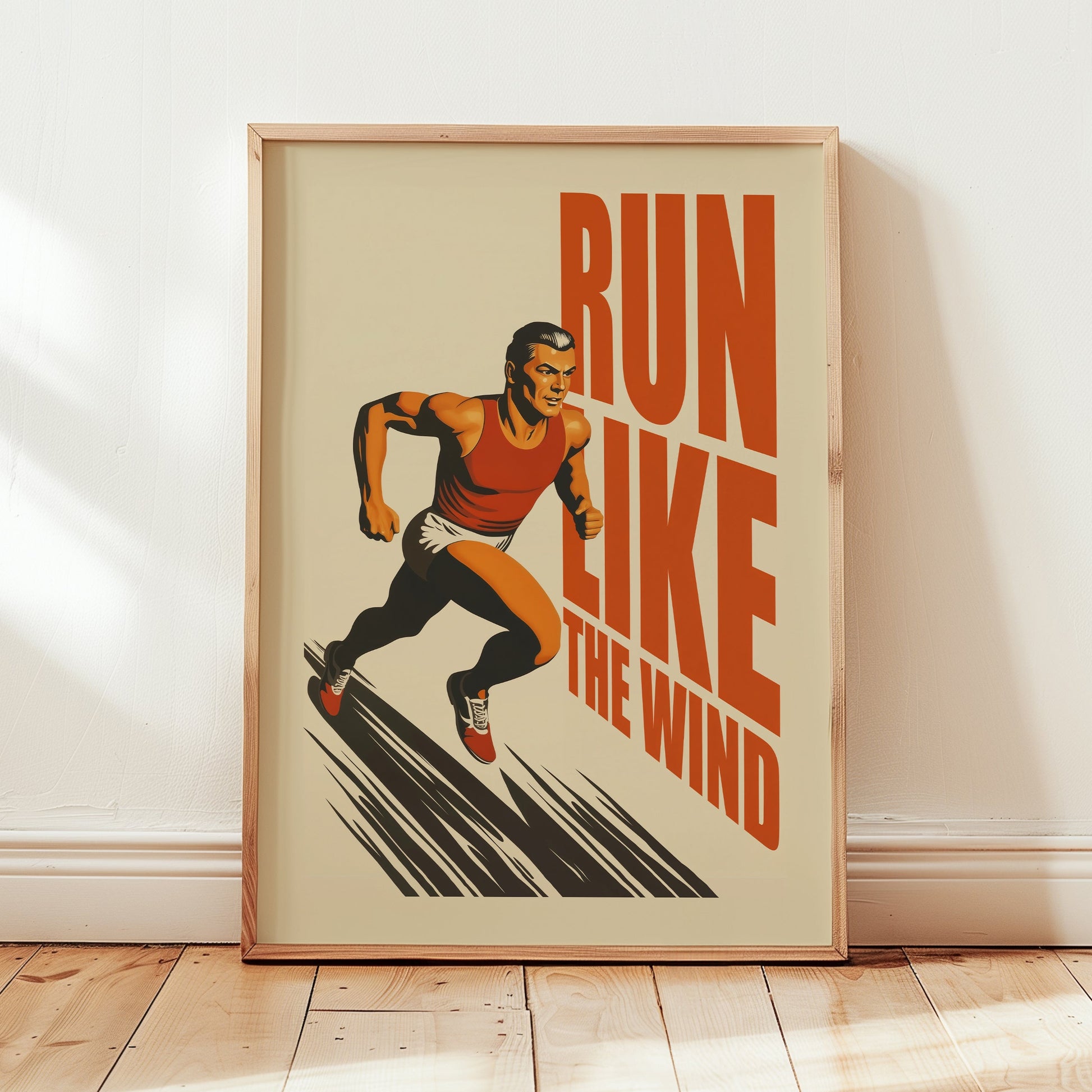 Retro 'Run Like the Wind' motivational poster featuring a male runner in a red tank top, mid-century modern style sports wall art for home gym decor, high-quality matte finish.