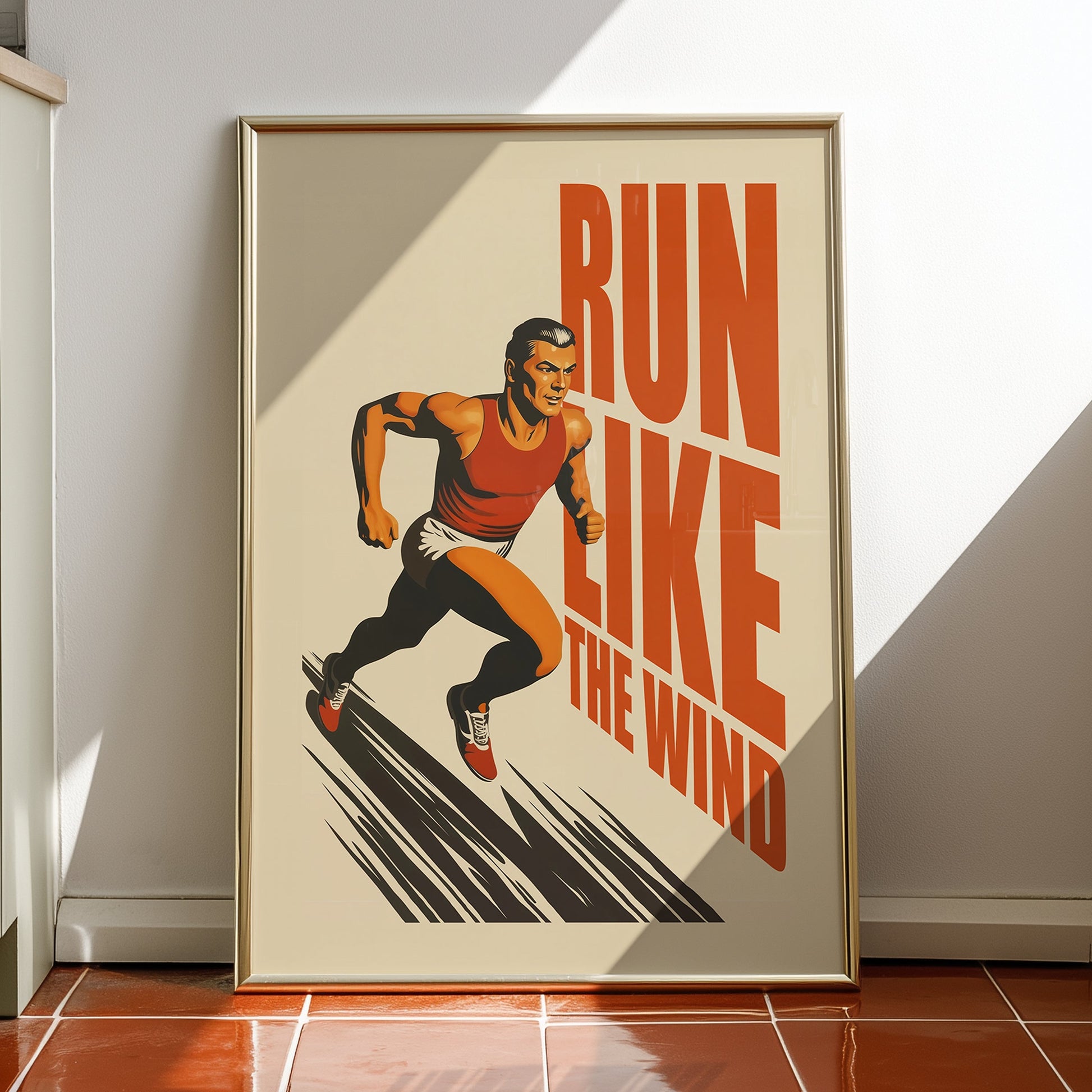 Retro 'Run Like the Wind' motivational poster featuring a male runner in a red tank top, mid-century modern style sports wall art for home gym decor, high-quality matte finish.