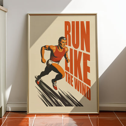Retro 'Run Like the Wind' motivational poster featuring a male runner in a red tank top, mid-century modern style sports wall art for home gym decor, high-quality matte finish.