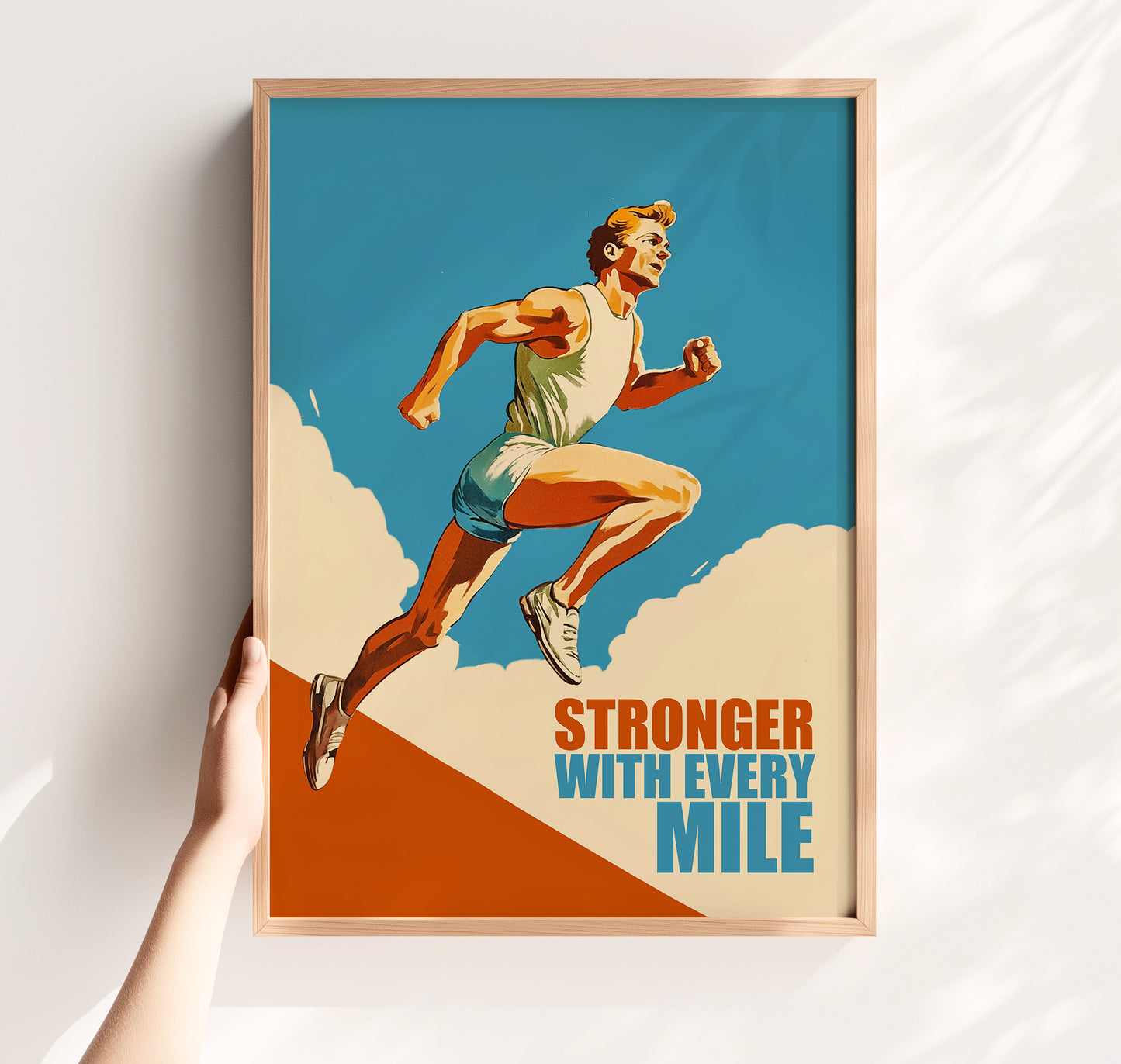 Retro 'Stronger With Every Mile' motivational poster showing a runner in white athletic gear against a blue sky with clouds, vintage mid-century modern style gym wall art.