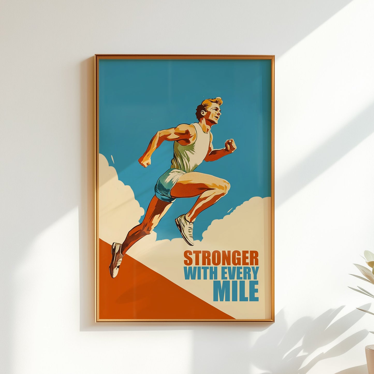 Retro 'Stronger With Every Mile' motivational poster showing a runner in white athletic gear against a blue sky with clouds, vintage mid-century modern style gym wall art.