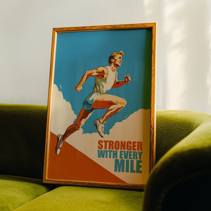 Retro 'Stronger With Every Mile' motivational poster showing a runner in white athletic gear against a blue sky with clouds, vintage mid-century modern style gym wall art.