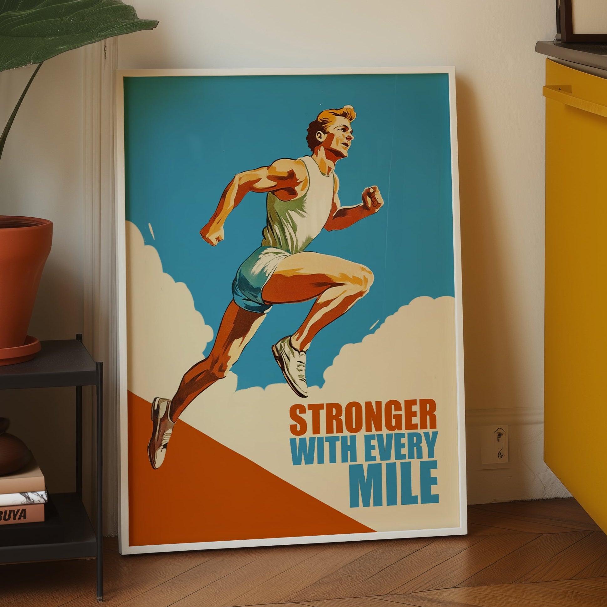 Retro 'Stronger With Every Mile' motivational poster showing a runner in white athletic gear against a blue sky with clouds, vintage mid-century modern style gym wall art.