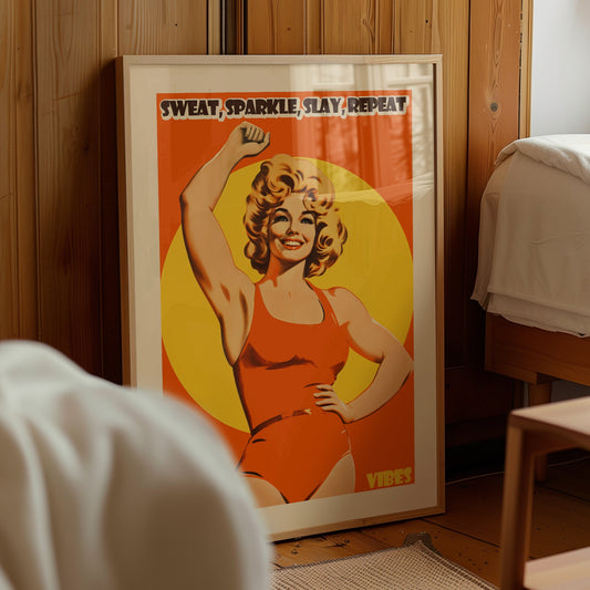 Retro 'Sweat Sparkle Slay Repeat' gym poster with a 70s-style blonde female fitness model in an orange bodysuit, vintage motivational wall art for a women's workout room.