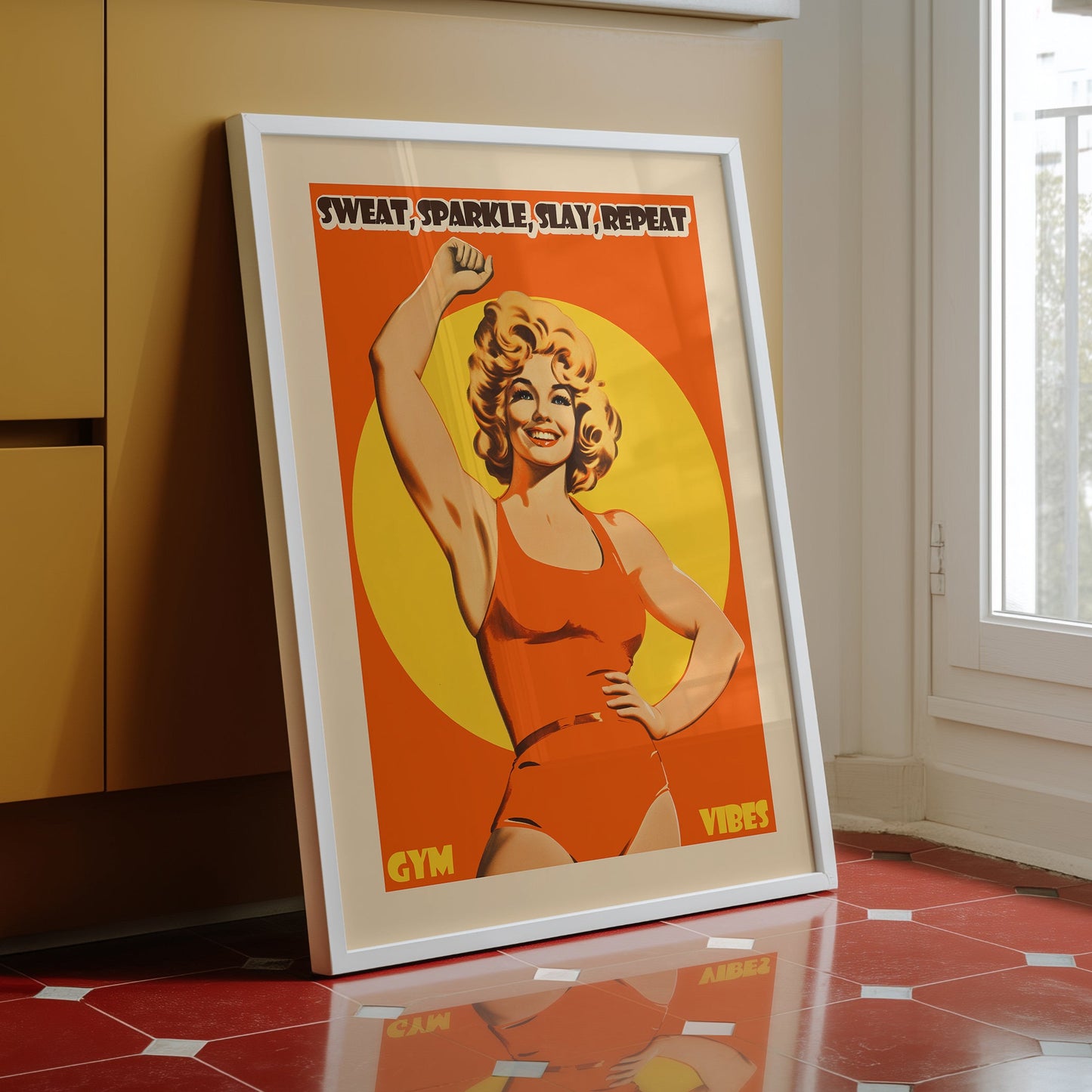 Retro 'Sweat Sparkle Slay Repeat' gym poster with a 70s-style blonde female fitness model in an orange bodysuit, vintage motivational wall art for a women's workout room.