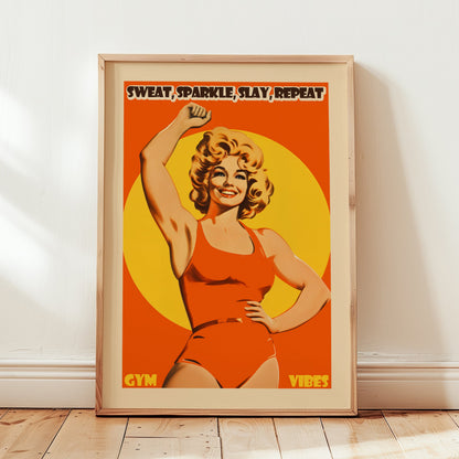 Retro 'Sweat Sparkle Slay Repeat' gym poster with a 70s-style blonde female fitness model in an orange bodysuit, vintage motivational wall art for a women's workout room.
