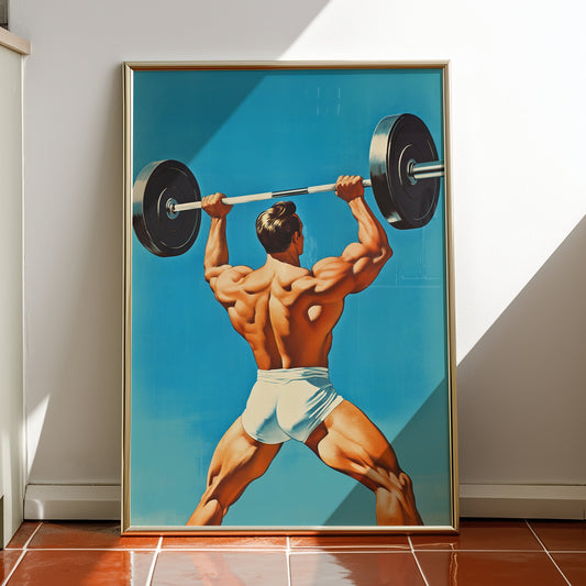 Vintage bodybuilding poster featuring a muscular male lifter performing an overhead barbell press against a blue sky, retro mid-century modern gym wall art, physical culture matte print.
