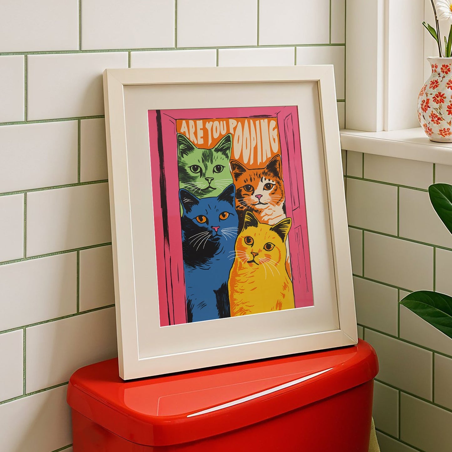 Funny 'Are You Pooping' cat poster with four colorful green, orange, blue, and yellow cats in a pink doorway, retro maximalist bathroom wall art matte print.
