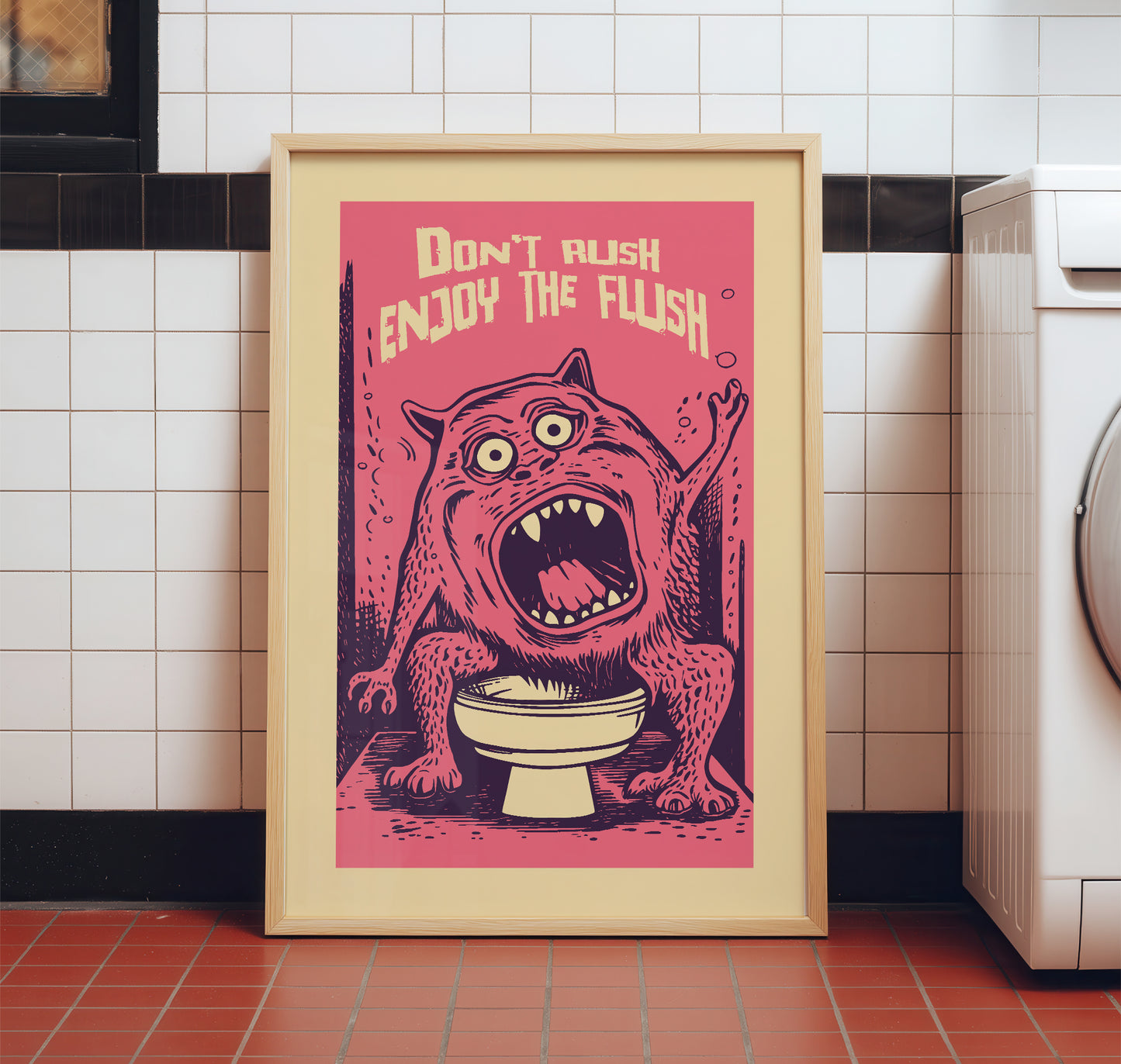 Funny 'Don't Rush Enjoy The Flush' poster featuring a pink hairy monster sitting on a toilet with its mouth open, retro underground comix style bathroom wall art.