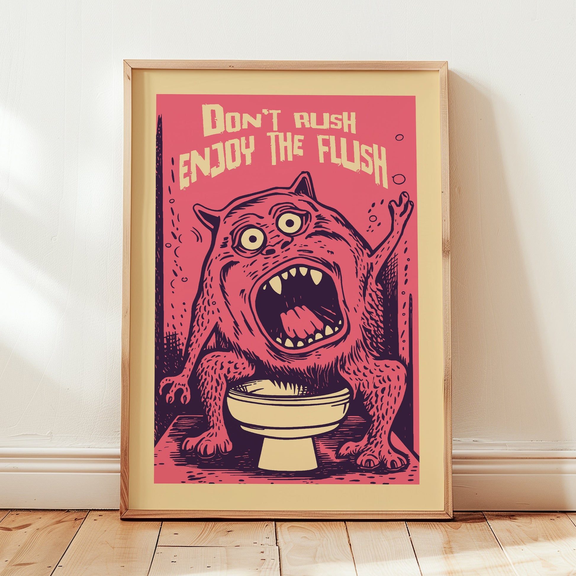 Funny 'Don't Rush Enjoy The Flush' poster featuring a pink hairy monster sitting on a toilet with its mouth open, retro underground comix style bathroom wall art.