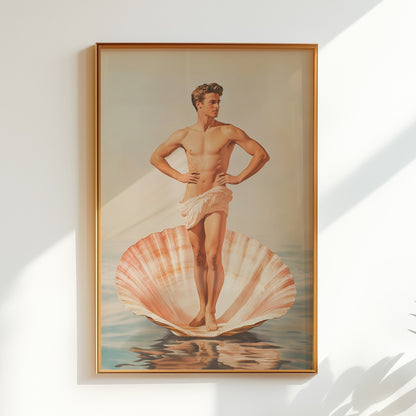 Retro 'Male Birth of Venus' poster featuring a muscular male figure in a classical pose on a large seashell at sea, vintage mid-century modern style art print.