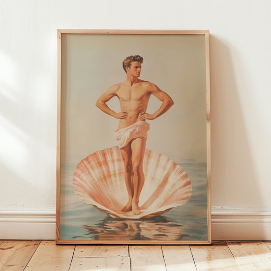 Retro 'Male Birth of Venus' poster featuring a muscular male figure in a classical pose on a large seashell at sea, vintage mid-century modern style art print.