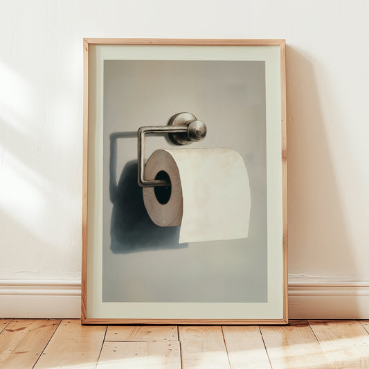 Minimalist still life poster of a single white toilet paper roll on a silver holder with dramatic shadows, funny modern bathroom wall art matte print.