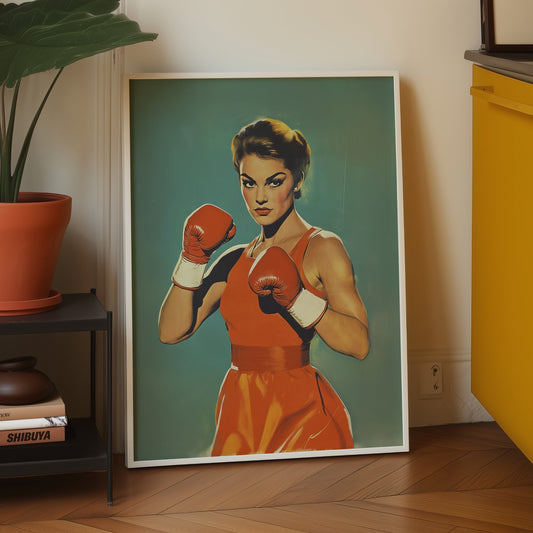 Vintage-style pulp art illustration of a determined female boxer wearing red gloves and an orange dress, styled in a 1950s retro aesthetic against a teal background; ideal for home gym decor and empowering wall art.