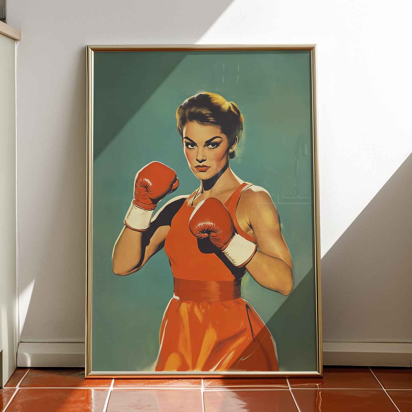 Vintage-style pulp art illustration of a determined female boxer wearing red gloves and an orange dress, styled in a 1950s retro aesthetic against a teal background; ideal for home gym decor and empowering wall art.