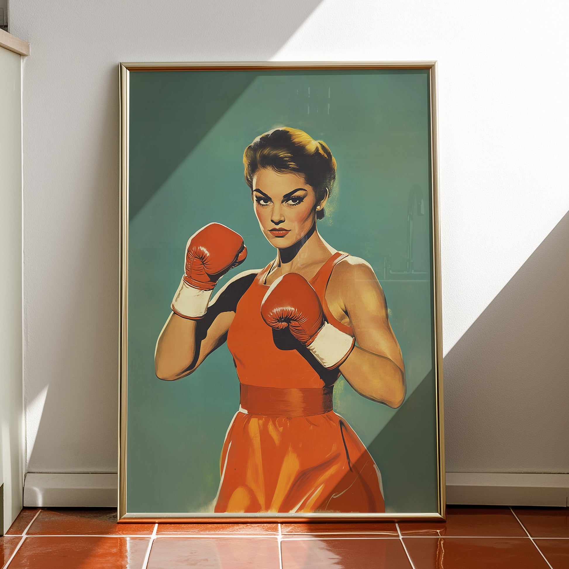 Vintage-style pulp art illustration of a determined female boxer wearing red gloves and an orange dress, styled in a 1950s retro aesthetic against a teal background; ideal for home gym decor and empowering wall art.