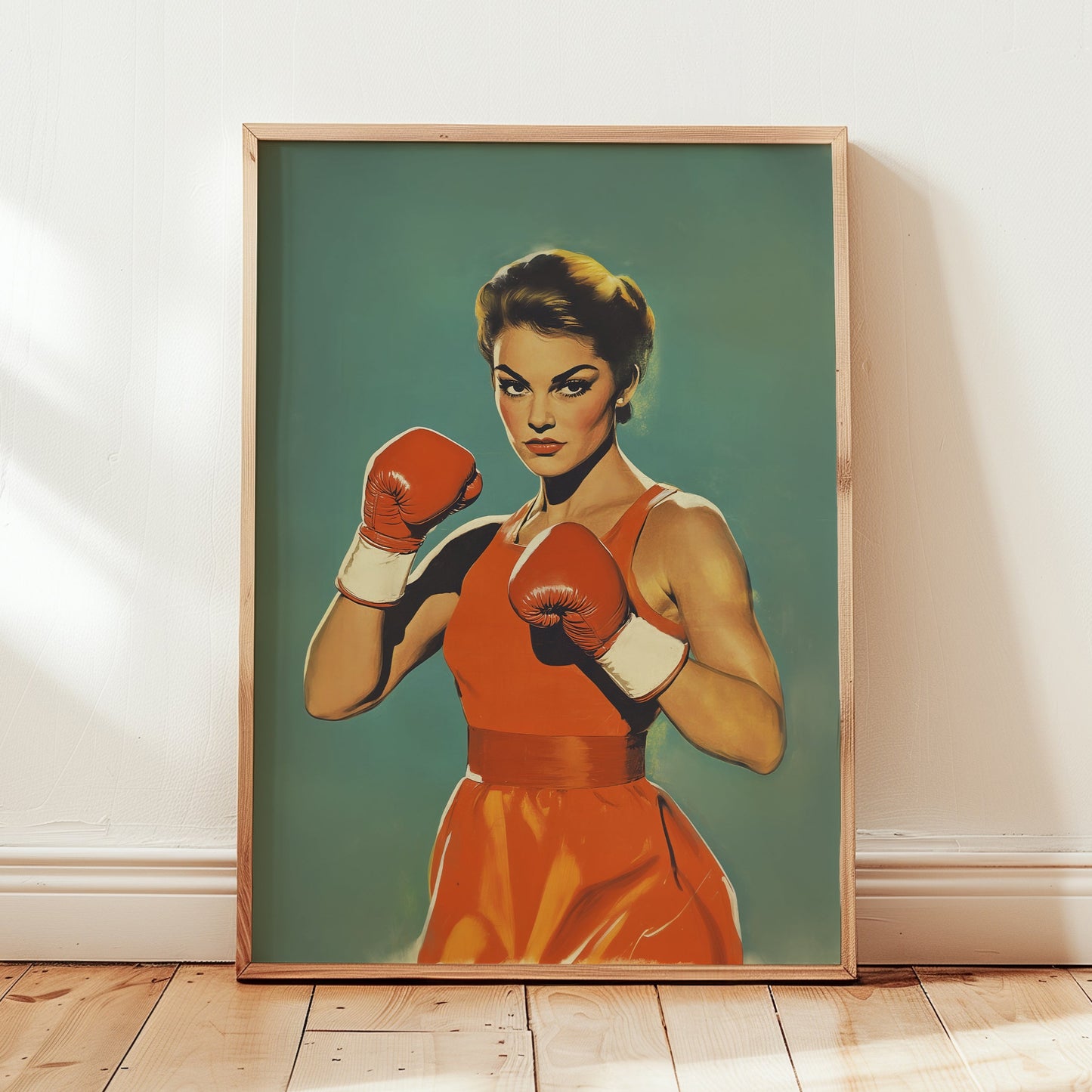 Vintage-style pulp art illustration of a determined female boxer wearing red gloves and an orange dress, styled in a 1950s retro aesthetic against a teal background; ideal for home gym decor and empowering wall art.